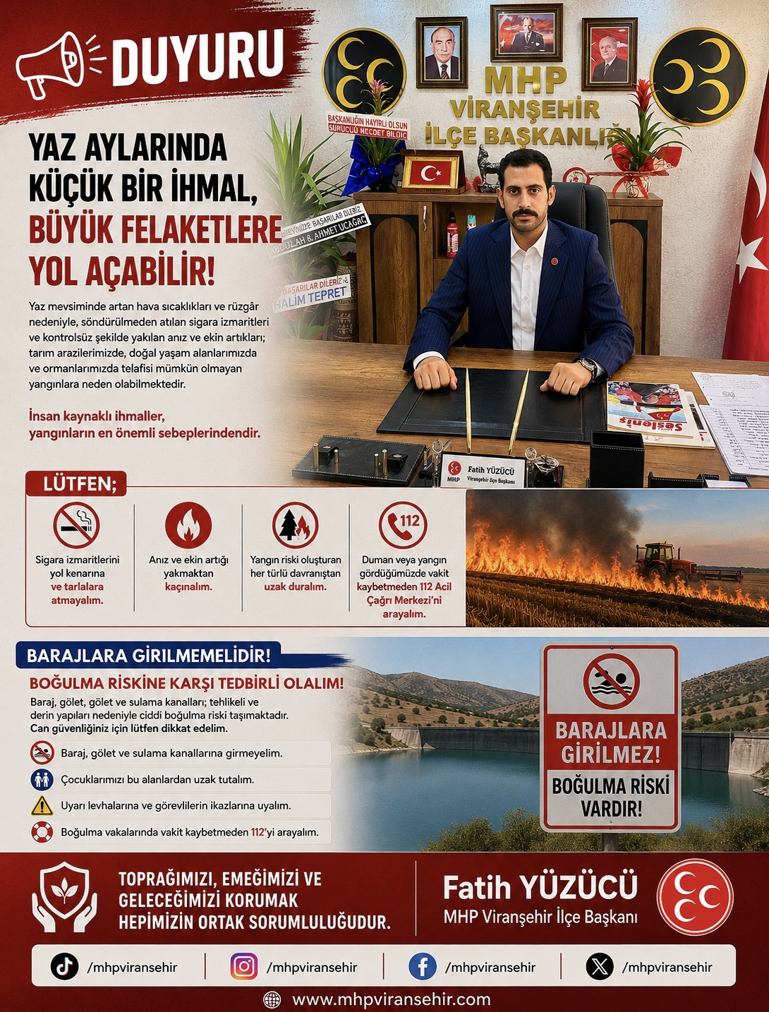 Başkanımız Fatih YÜZÜCÜ'den Yaz Aylarında Yangın ve Boğulma Riskine Karşı Önemli Uyarı