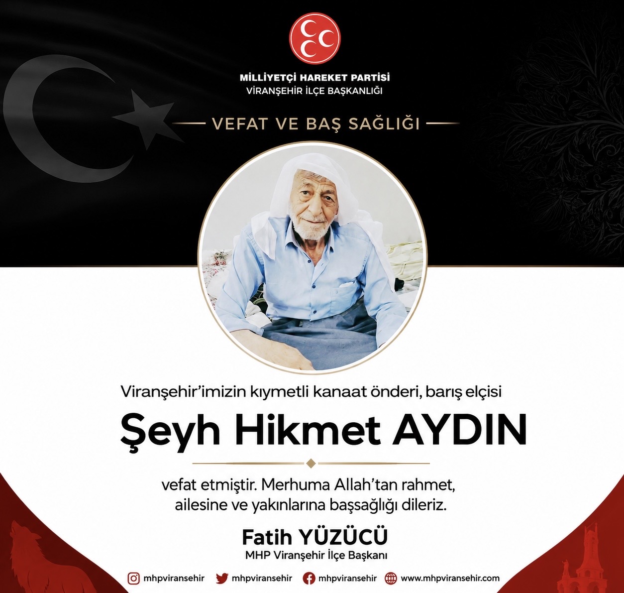 Başkanımız Sayın Fatih Yüzücü'den Şeyh Hikmet AYDIN İçin Başsağlığı Mesajı